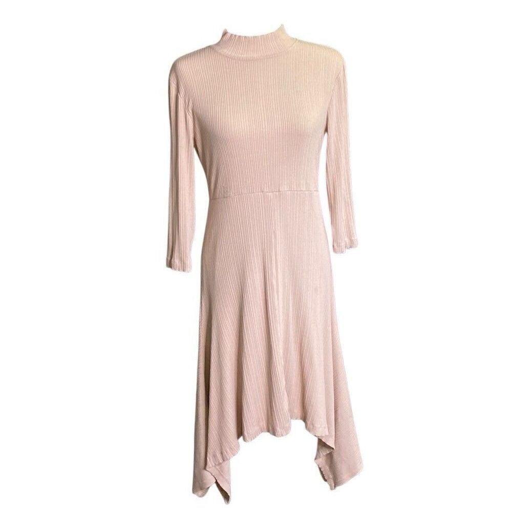 ANTHROPOLOGIE FROM HEART OF BUILDING 18 RIB KNIT Mock TURTLENECK DRESS PINK LG